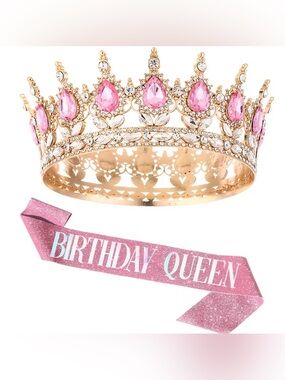 🩷🆕🩷Birthday Queen Pink Sash and Gold Pink Crown Party Set